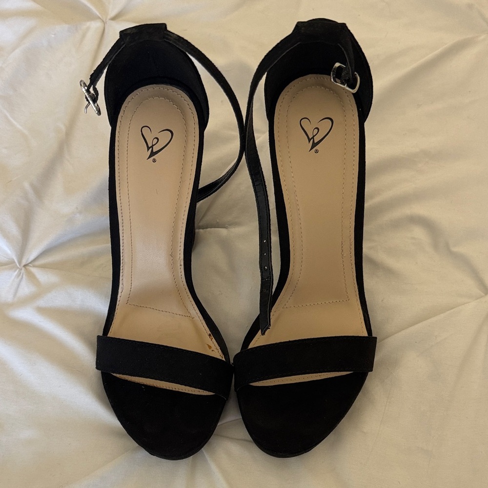 Black Ankle-Strap Women’s Heeled Sandals - Heart Logo